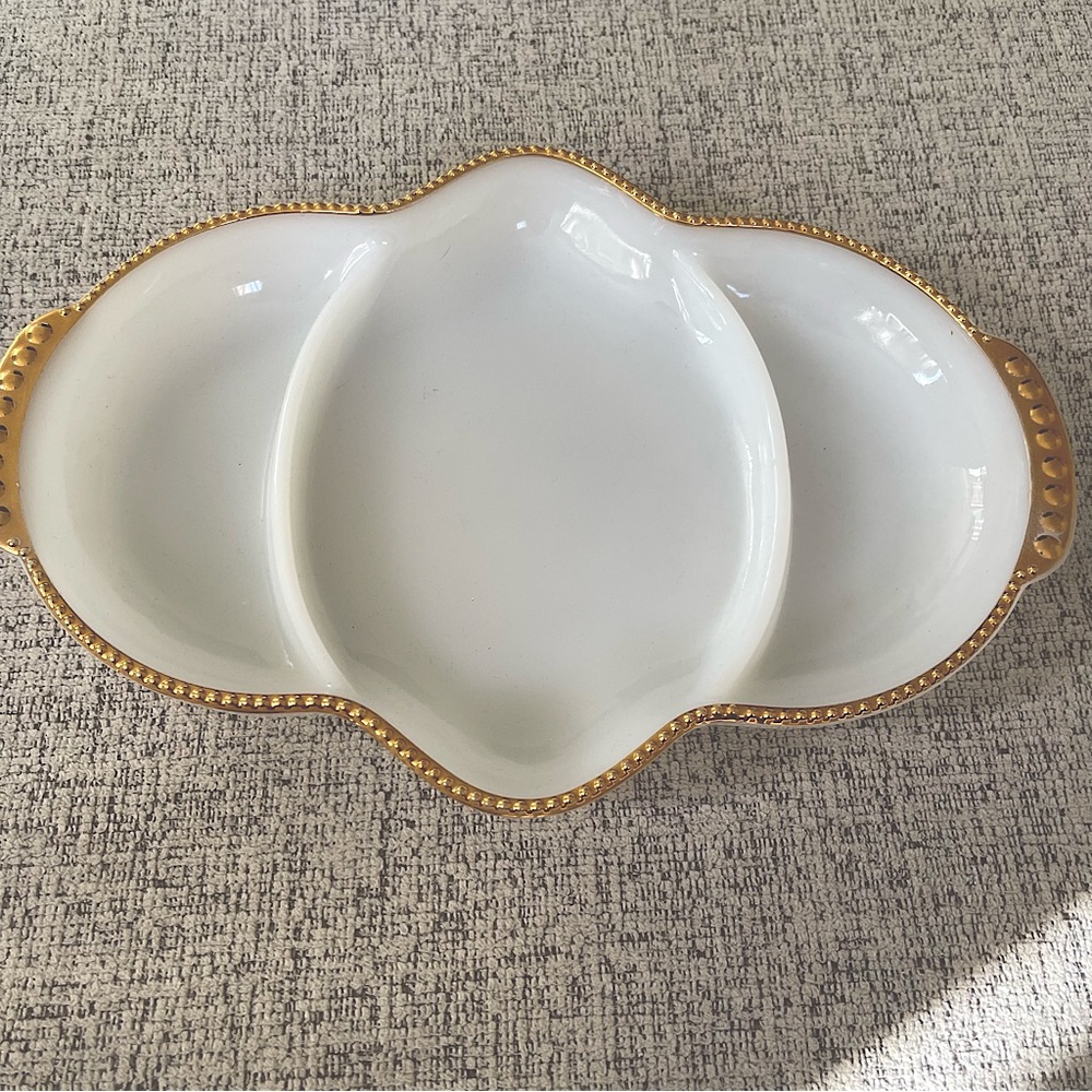 Fire King Vintage Milk Glass Gold Trim Divided Serving Dish